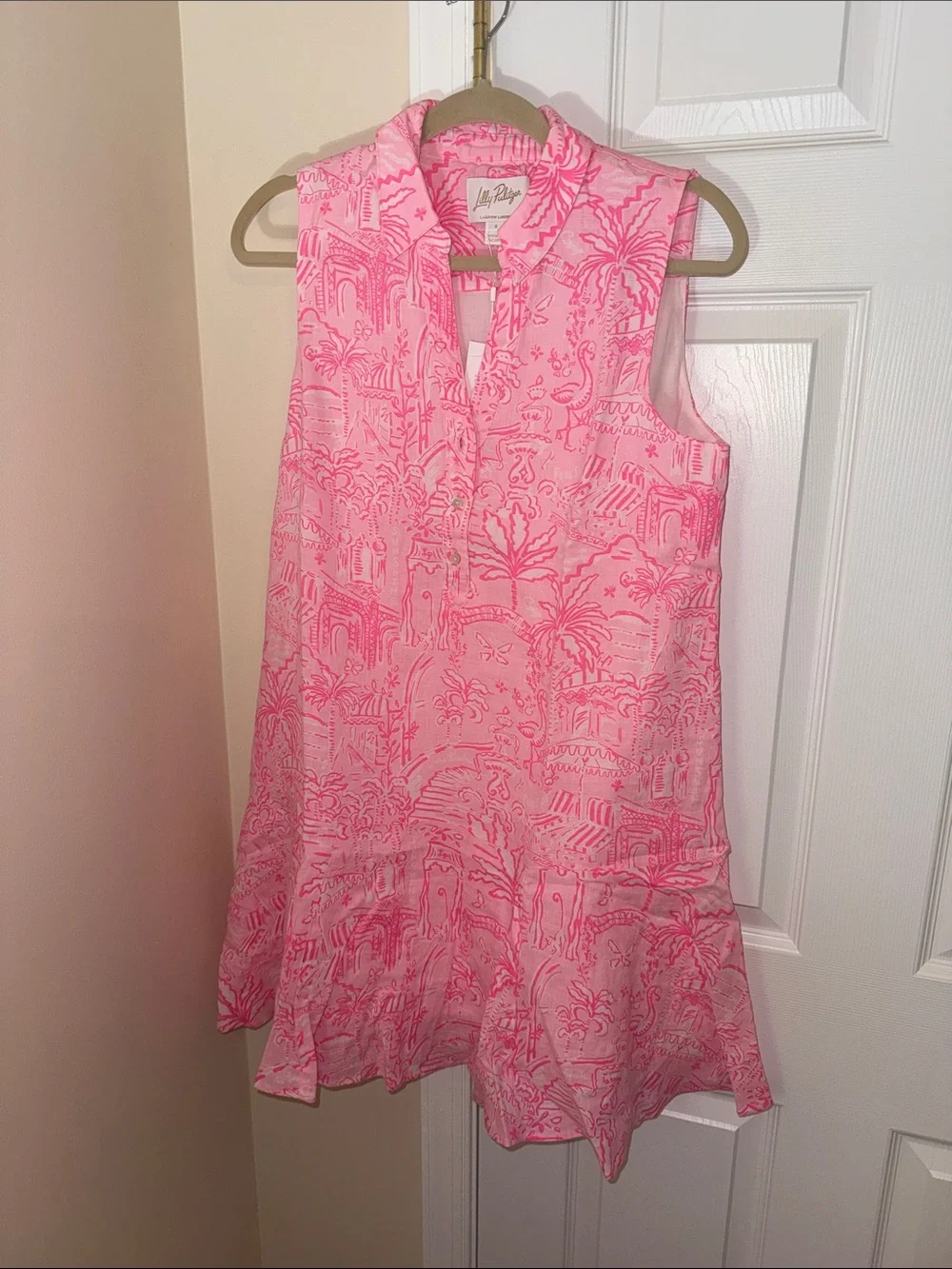 💕NWT Lilly Pulitzer Sleeveless Pink Island Print Linen Swing Dress - Picture 2 of 8